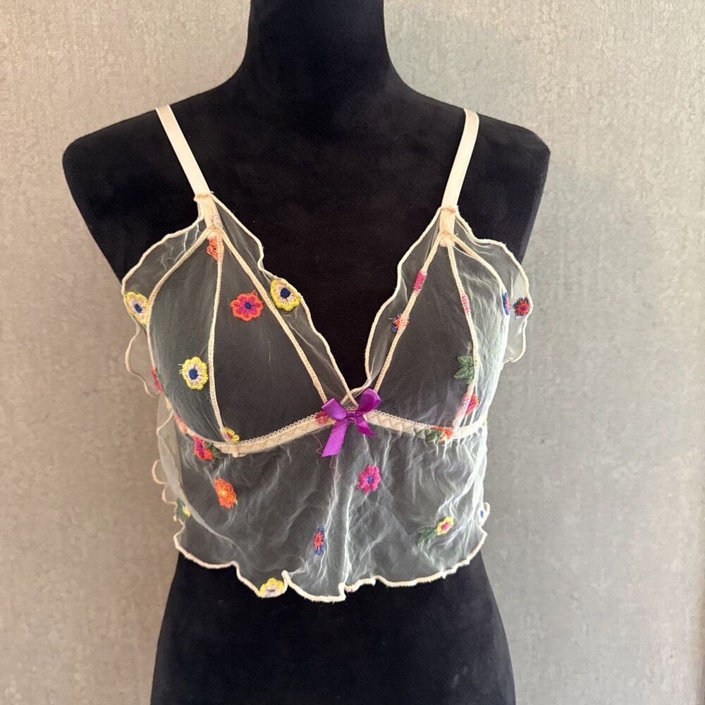 Anthropology Sheer Floral Embroidered Bralette Small Coquette, Twee, Cottagecore